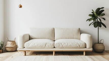 a sofa mockup nestled in a Scandinavian interior, featuring a white wall backdrop, a sleek grey sofa, a stylish side table adorned with a plant, embodying the essence of minimal home design.