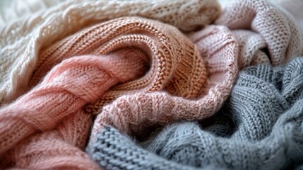 Fototapeta premium A pile of knitted sweaters with a pink one in the middle