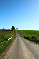 Naklejka premium A road with grass and a blue sky with clouds