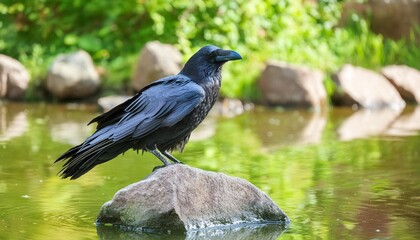 bird in the water black raven bird on stone