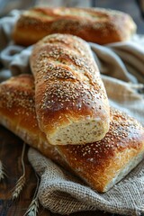 Loaf of bread with sesame seeds on a linen napkin
