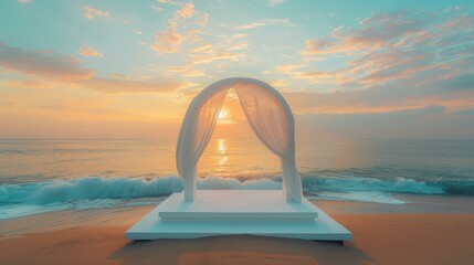 3D rendering of a wedding arch on a beach at sunset