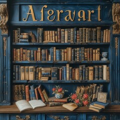 Blue wooden bookshelf filled with various books and a vase of flowers