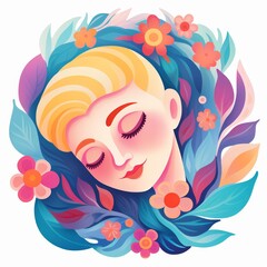 a woman with short blonde hair and closed eyes, surrounded by colorful flowers and leaves. The illustration should be in a soft