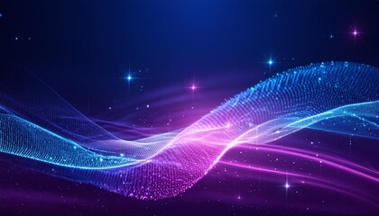 Fototapeta na wymiar blue glow purple pink digital glittering particles wave and light abstract bokeh background with shining dots and stars