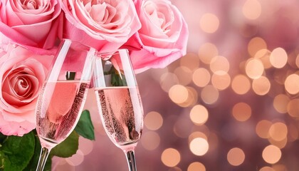 pink rose champagne glasses close up bokeh lights background new year valentines day celebration toast festive rose gold blur pink champagne sparkle glitter web banner