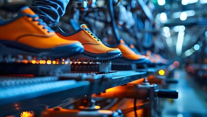 Modern shoe manufacturing techniques in an automated footwear factory. Concept Automation, Shoe Production, Manufacturing Techniques, Footwear Industry, Modern Technology