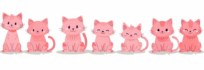 Obraz premium A row of pink cartoon cats isolated on a white background, with a simple flat illustration. The clip art set has a cute and simple design in a pink color palette without shadows