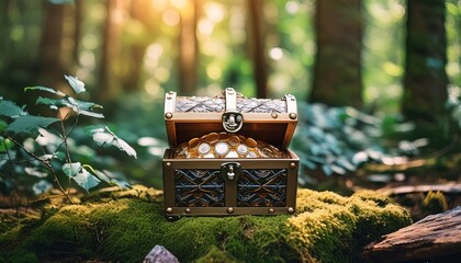 treasure chest in a fantasy forest magic quest rpg generative ai