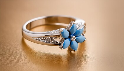 a close up of a ring with a blue flower on it