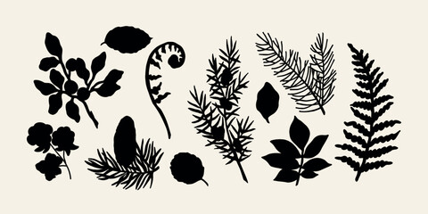 Flat vector forest plants and tree branches