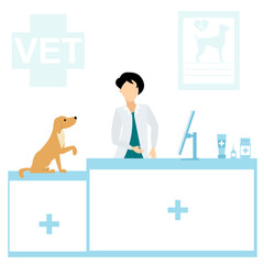Veterinary. Veterinarian and dog at the reception in a veterinary clinic. Medical checkup for domestic animal. Diagnostic for pets. Veterinary clinic illustration.