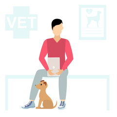 Veterinary. A man and his puppy are waiting to see a veterinarian. Medical checkup for domestic animal. Diagnostic for pets. Veterinary clinic illustration.