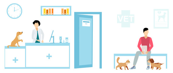 Veterinary. Cute animals are waiting to see a veterinarian. Medical checkup for domestic animal. Diagnostic for pets. Veterinary clinic illustration.