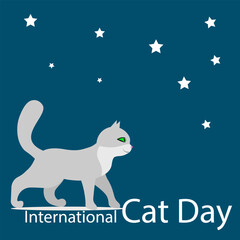 Cat day. Gray cat on a dark background. International Cat Day poster or banner design template.