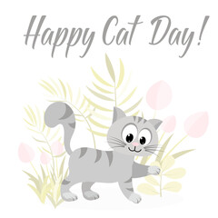 Cat day. Gray tabby kitten and flowers on a white background. International Cat Day poster or banner design template.