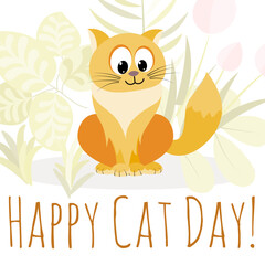 Cat day. Red kitten and flowers on a white background. International Cat Day poster or banner design template.