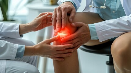 Elderly patient with knee pain, sitting on medical chair in clinic while doctor is examining leg and pointing to red, closeup of the moment between them