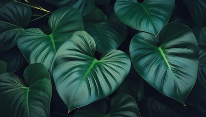 heart shaped dark green leaves of philodendron lemerald greenr tropical foliage plant bush - Powered by Adobe