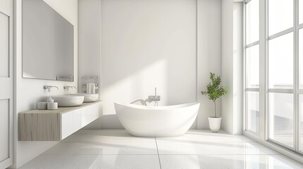 Fototapeta premium a white bathroom interior featuring a bathtub and toilet, accented with wooden furniture and a window on the wall, bathed in bright daylight.