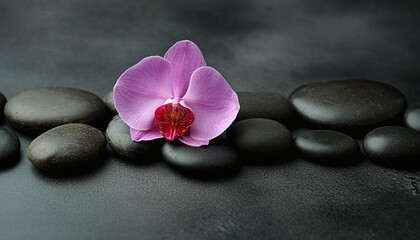 composition with spa stones orchid pink flower on grey background