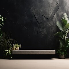 Black minimalistic abstract empty stone wall mockup background for product presentation. Neutral industrial interior with light, plants