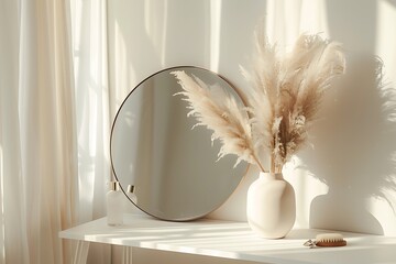 Empty modern, minimal and luxury cream dressing table top, vase of pampas, round mirror, curtain in white wall bedroom with sunlight and leaf shadow for beauty, cosmetic product display background