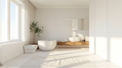 a white bathroom interior featuring a bathtub and toilet, accented with wooden furniture and a window on the wall, bathed in bright daylight.