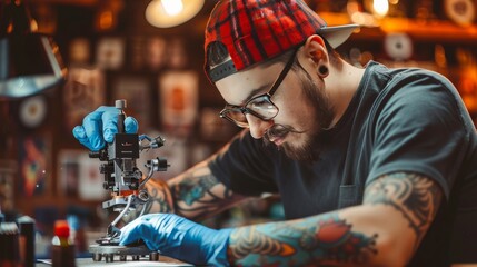 Bearded tattoo artist working at studio creating detailed design on clients skin