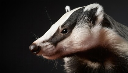 badger close up head on black background