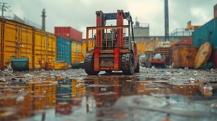 Dynamic shot of a forklift moving discarded materials to a dumpster, focus on the load and driver
