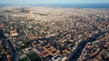 Aerial of Barcelona on a sunny day in early spring.