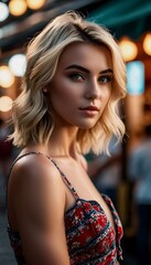 Brightly Dressed Young Woman at Outdoor Bazaar