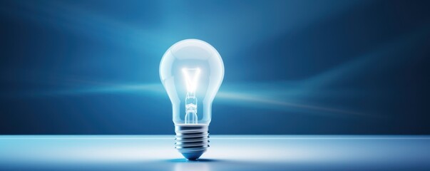 Blue backdrop with illuminated lightbulb on a white platform symbolizing ideas and creativity business concept creative thinking innovation new idea