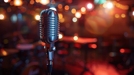 vintage style microphone  with bokeh light and copy space, Generative Ai