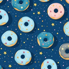 Blue background simple minimalistic seamless pattern, multicolored playful hand drawn cute lines and stars on sugar sprinkles on a donut, confetti