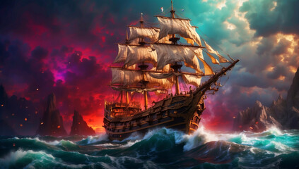 A medieval sailing ship at sunset - Powered by Adobe