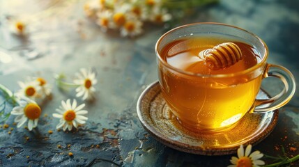 Golden Hues of Tranquil Honey Chamomile Tea Copy Space