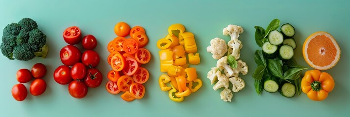 Vibrant Food Arrangement in Diagonal Rows on Colorful Background Photography Installation Inspired