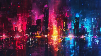 An abstract interpretation of a city skyline at night, with glowing lights and reflections.