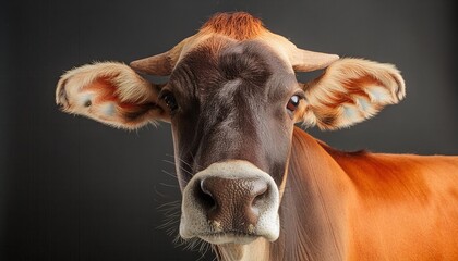 cow close up head on black background