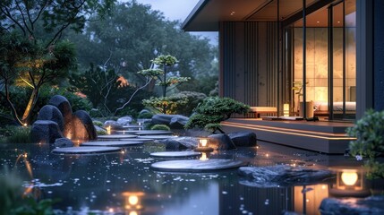 3D visualization of a quiet moonlit garden, tranquil and glowing