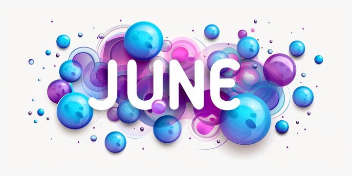text "JUNE" written in white, the word with blue and purple bubbles on background, white solid background Generative AI