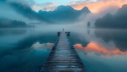 long wooden dock juts into a calm lake surrounded by mountains