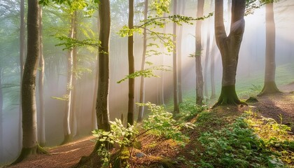 natural sunny forest of beech trees with morning fog