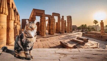 elegant cat sitting ancient egyptian temple ruins
