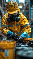 Closeup of a construction site worker disposing of hazardous material safely, focus on safety gear and labels