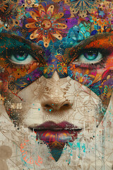 Abstract woman's face with colourful mandalas and imagery