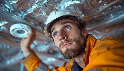 Closeup of a technician testing smoke detectors in a residential building, ladder and testing tool in focus