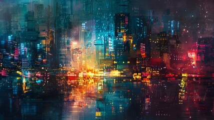 An abstract interpretation of a city skyline at night, with glowing lights and reflections.